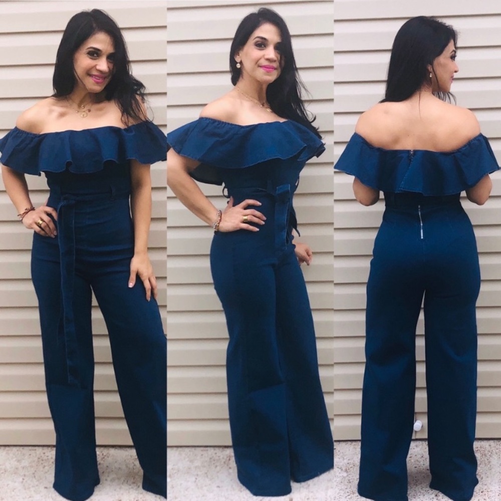 Off Shoulder Denim Jumpsuit